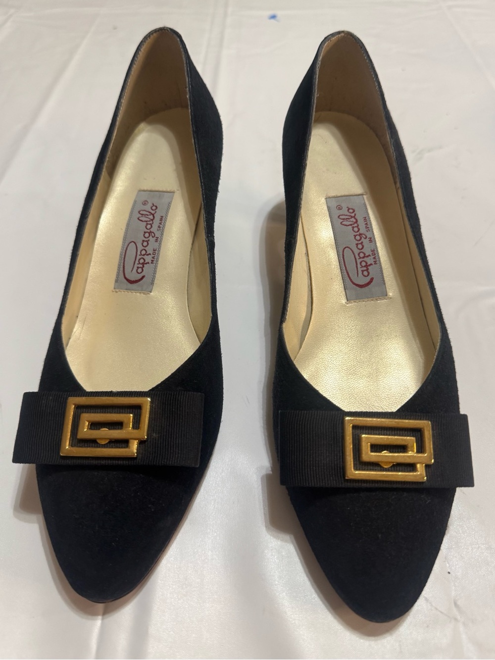 Pappagallo Black Suede Bow Loafers with Gold Buckle